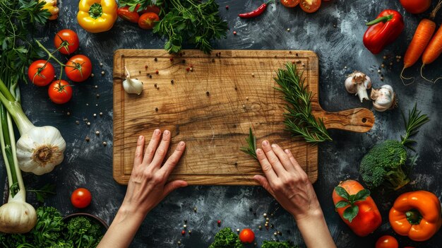 Hands preparing food on wooden board